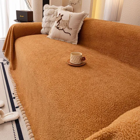 Funda de Sofá Suave de Lana de Cordero Con Borde de Pompones Estilo Crema Antideslizante Grueso Cálido Protector de Muebles Sala Hogar