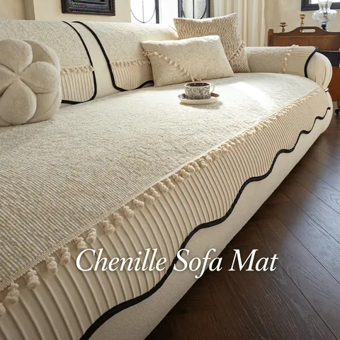 Non-Slip Chenille Sofa Cushion Cover Stripe Texture Decorative Slipcover With Tassels For Living Room Home Furniture Protector