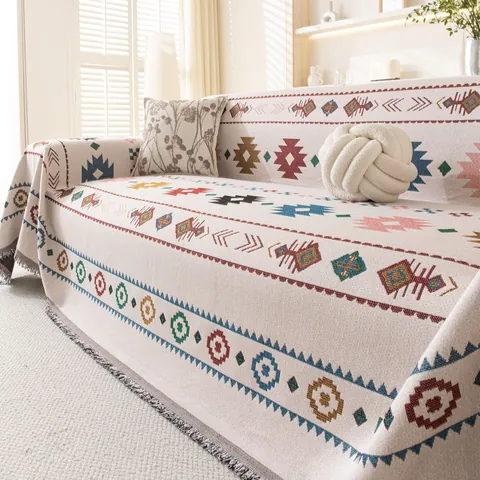 Copridivano Boho in Ciniglia Geometrica Spessa Coperta in Jacquard Etnico Con Nappine Protezione Divano Per Soggiorno
