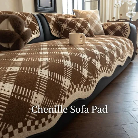 Coussin de Canapé en Chenille à Damiers Antidérapant Housse de Canapé à Carreaux Avec Bord Ondulato Protecteur de Meubles Toutes Saisons pour Salon