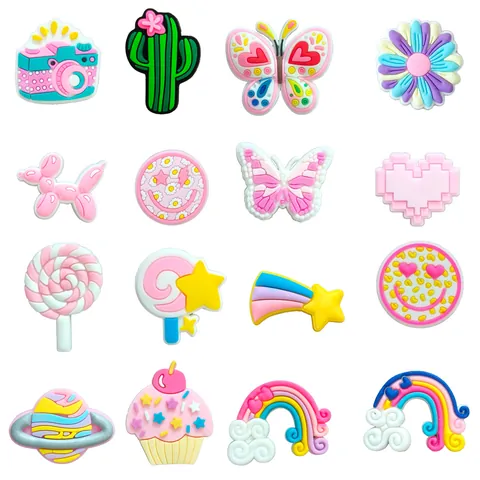 Cute PVC Shoe Charms For Clogs DIY Decoration Accessories Kawaii Butterfly Rainbow Camera Cactus Shoe Buckles For Women Girls Gift