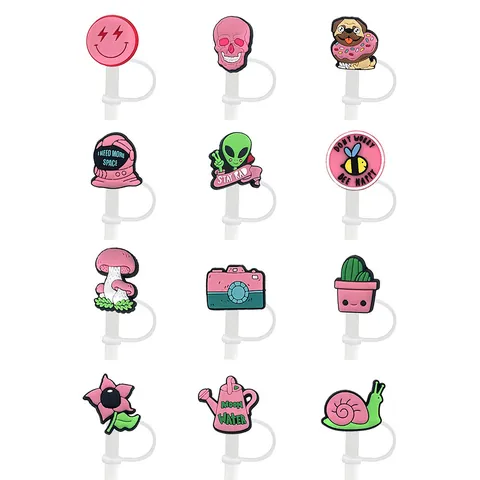 Silicone Straw Cover Cap For Stanley Cup Reusable Dustproof Straw Topper Cartoon Pink Skull Smile Astronaut Alien Mushroom Cactus Straw Plug Accessory