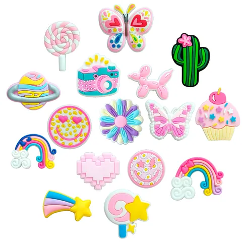 Cute PVC Shoe Charms For Clogs DIY Decoration Accessories Kawaii Butterfly Rainbow Camera Cactus Shoe Buckles For Women Girls Gift
