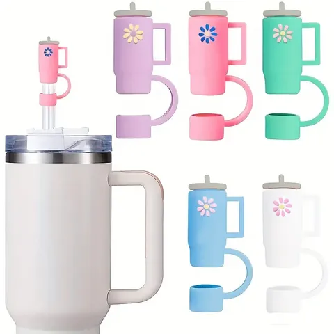 10mm Silicone Straw Cover Cap Mini Cup Shape Dust Plug Reusable Straw Topper With Flower Pattern For Large Tumbler Cups Accessories