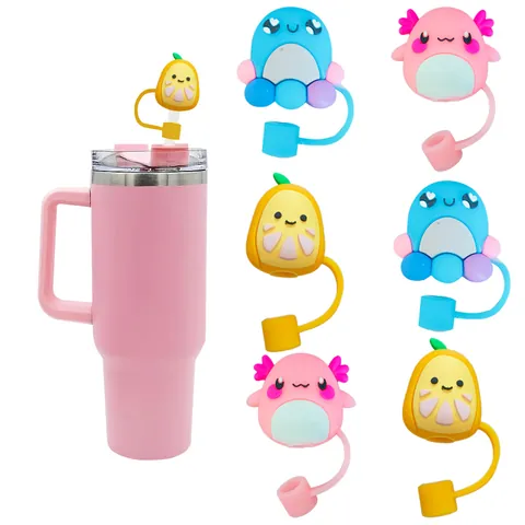 Cartoon Silicone Straw Cover Dust Cap Cute Axolotl Octopus Lemon Shape Straw Topper For Large Tumbler Cups Reusable Straw Tip
