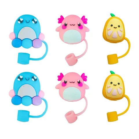 Cartoon Silicone Straw Cover Dust Cap Cute Axolotl Octopus Lemon Shape Straw Topper For Large Tumbler Cups Reusable Straw Tip