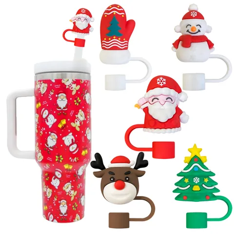 Silicone Christmas Straw Toppers For Drinking Straws Santa Claus Snowman Reindeer Tree Dust Proof Plug Decorative Accessories