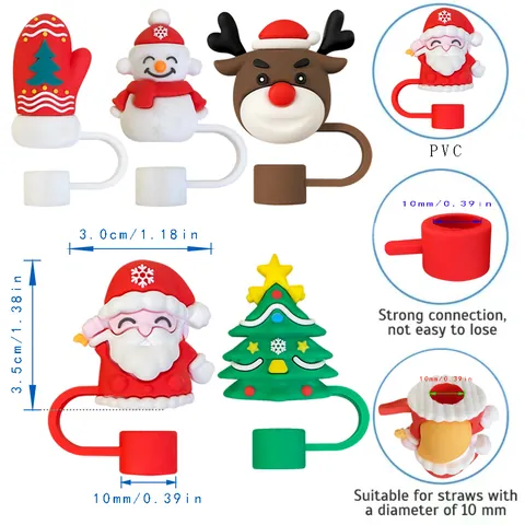 Silicone Christmas Straw Toppers For Drinking Straws Santa Claus Snowman Reindeer Tree Dust Proof Plug Decorative Accessories