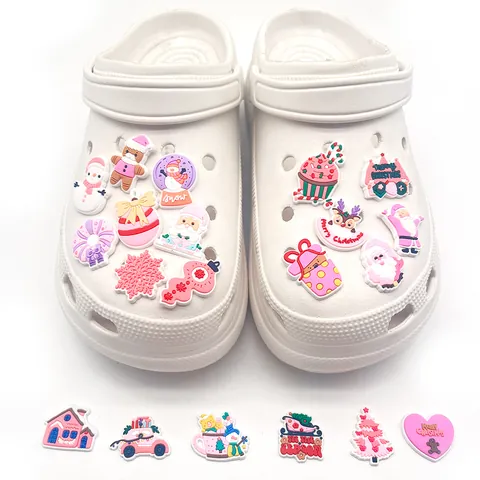 Pink Christmas Cartoon PVC Shoe Charms For Clogs Santa Claus Snowman Gingerbread Man Garden Shoe Accessories For Women Kids