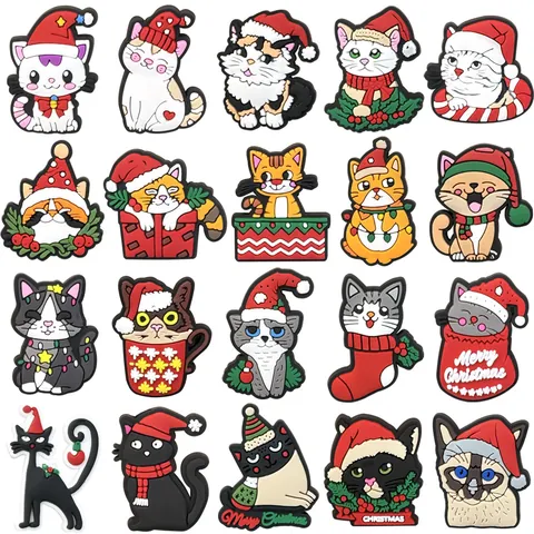 Cute Christmas Cat Shoe Charms PVC Soft Rubber Cartoon Kitty Decorations For Clogs Sandals Slides Holiday Gift Accessories