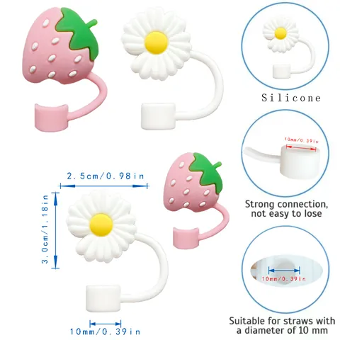 Silicone Straw Covers Cute Strawberry Daisy Pattern Dust-Proof Straw Plugs Decorative Drinking Straw Caps For Large Straws
