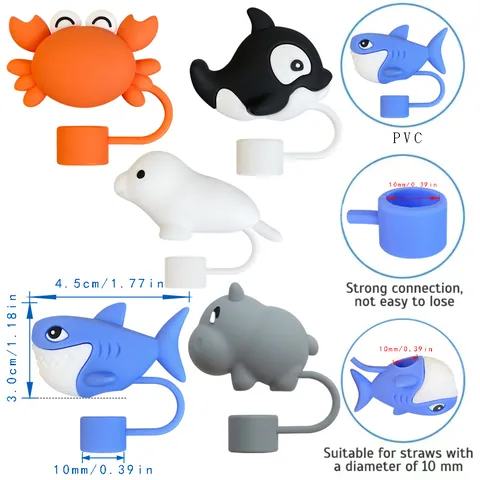 Cartoon Ocean Animal Silicone Straw Cover Cap Dustproof Reusable Straw Tip Lids Compatible With Large Tumbler Cup Accessories