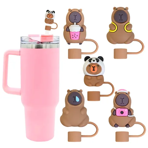 Cartoon Capybara Silicone Straw Covers For 10mm Stanley Cup Cute Dustproof Straw Tips Plugs Drinking Accessories Brown Topper