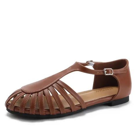 Women's Woven Hollow Out Roman Sandals Casual Flat Summer Shoes With Adjustable Buckle PU Leather Round Toe Beach Sandals