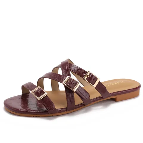 Women Casual Microfiber Leather Flat Slide Sandals With Adjustable Gold Buckles Multi-Strap Summer Beach Non-Slip Shoes