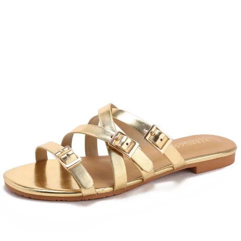 Women Casual Microfiber Leather Flat Slide Sandals With Adjustable Gold Buckles Multi-Strap Summer Beach Non-Slip Shoes