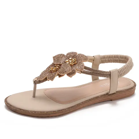 Women's Fairy Style Rhinestone Flower Thong Sandals Bohemian Flat Beach Shoes With Elastic Back Strap Summer Vacation