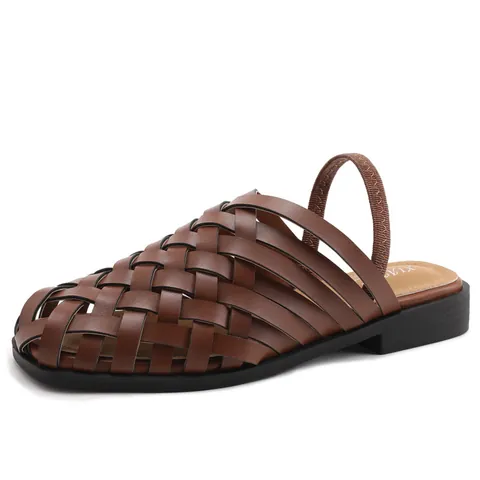 Women Retro Woven Closed Toe Sandals Hollow Out Breathable Flat Casual Roman Shoes With Elastic Band Summer Fashion