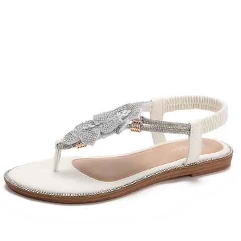 Women's Fairy Style Rhinestone Flower Thong Sandals Bohemian Flat Beach Shoes With Elastic Back Strap Summer Vacation