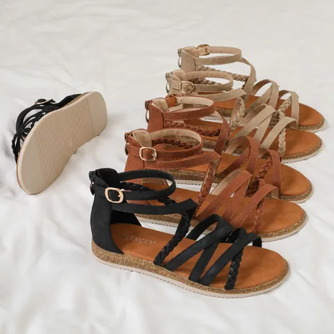 Women's Flat Roman Gladiator Sandals Braided Straps Casual Summer Beach Shoes Artificial Leather Back Zipper Soft Sole Ladies Footwear