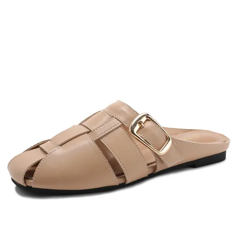 Women's PU Leather Woven Mules Round Toe Flat Slippers With Gold Buckle Hollow Braided Slides Daily Casual Summer Shoes