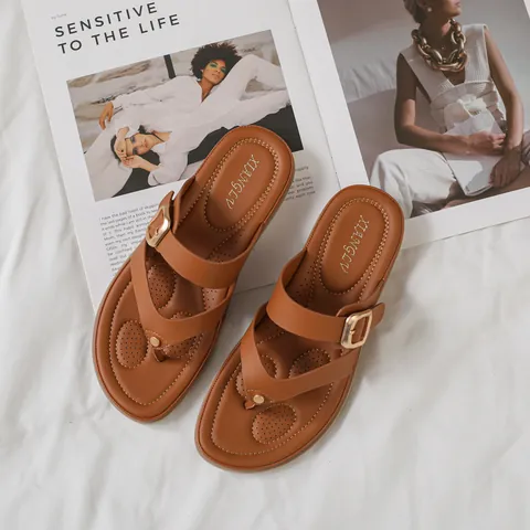 Women Fashion Buckle Flip Flops Thong Sandals Casual Beach Platform Shoes Summer Comfortable PU Leather Flat Sandals