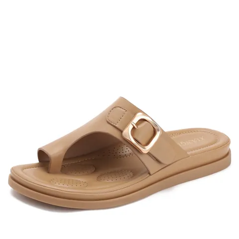 Women Fashion Minimalist Flat Toe Ring Slide Sandals With Gold Metal Buckle Casual Summer Beach Slippers Soft PU Leather TPR Sole