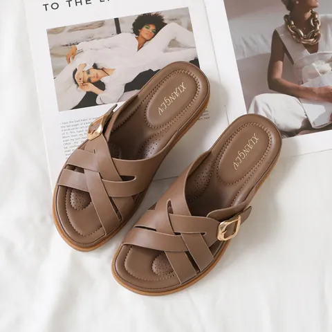 Women Summer Platform Sandals Cross Strap Slides Metal Buckle Non-Slip Soft PU Leather Casual Beach Shoes Thick Sole