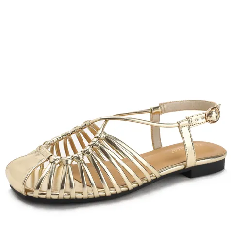 Women's Vintage Woven Hollow Out Flat Sandals PU Leather Summer Beach Roman Shoes One Strap Buckle Comfort Soft Sole Sandals