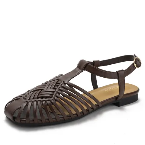 Women's Vintage Roman Braided Flat Sandals Retro PU Leather Woven Huarache Summer Shoes With Adjustable Ankle Buckle Strap Casual Gladiator Sandals