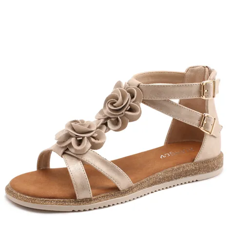 Sandalias Romanas Florales Bohemias para Mujer Fondo Plano Antideslizantes Zapatos de Playa de Cuero PU Sandalias de Gladiador Con Cremallera Trasera