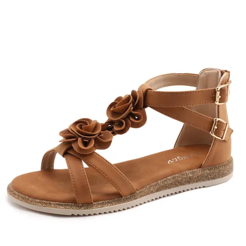 Sandalias Romanas Florales Bohemias para Mujer Fondo Plano Antideslizantes Zapatos de Playa de Cuero PU Sandalias de Gladiador Con Cremallera Trasera