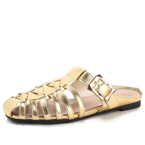 Women's Woven Hollow Closed Toe Mules Fashion Metal Square Buckle Flat Sandals Casual Slip-On Summer Slides PU Leather Loafers