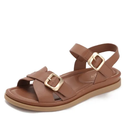 Sandalias Planas Romanas Casuales para Mujer Cómodas con Doble Hebilla de Metal Correa Cruzada Cuero Sintético Zapatos de Playa
