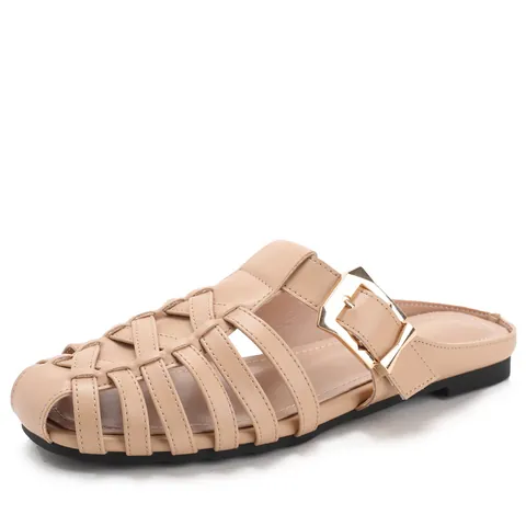 Women's Woven Hollow Closed Toe Mules Fashion Metal Square Buckle Flat Sandals Casual Slip-On Summer Slides PU Leather Loafers