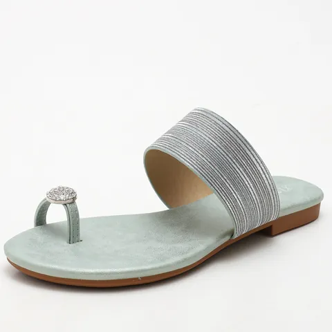 Women Flat Sandals Rhinestone Toe Loop Slides Comfortable PU Leather Fashion Beach Slippers Soft Sole Casual Summer Shoes