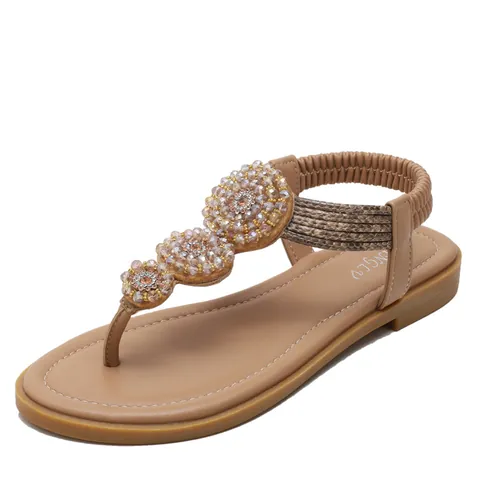 Women Bohemian Flat Sandals Rhinestone Beaded Floral T-Strap Sandals Elastic Back Strap Summer Beach Vacation Shoes