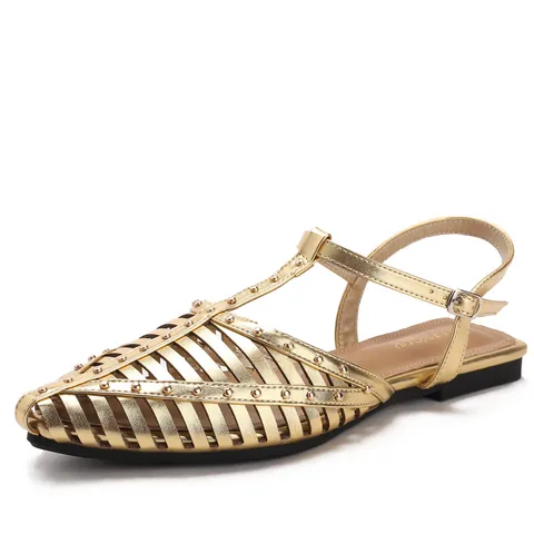 Women Vintage Rivet Hollow Out Roman Sandals Pointed Toe Flat Buckle T-Strap Summer Shoes Faux Leather Gold Black Brown Coffee