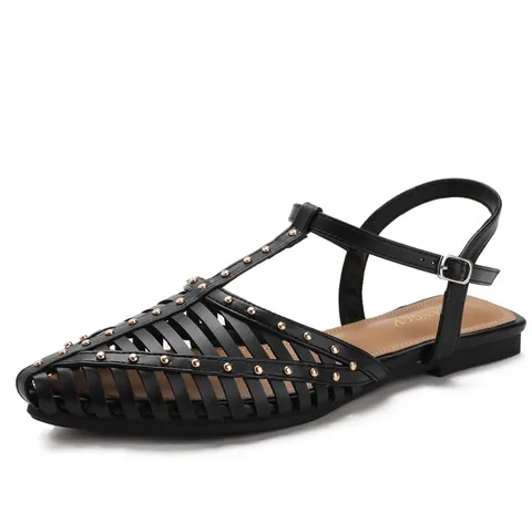 Women Vintage Rivet Hollow Out Roman Sandals Pointed Toe Flat Buckle T-Strap Summer Shoes Faux Leather Gold Black Brown Coffee