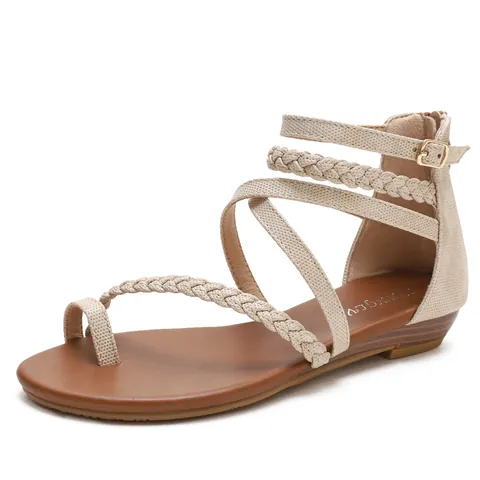 Women Roman Braided Sandals PU Leather Cross Straps Toe Loop Back Zipper Low Wedge Summer Daily Vacation Shoes