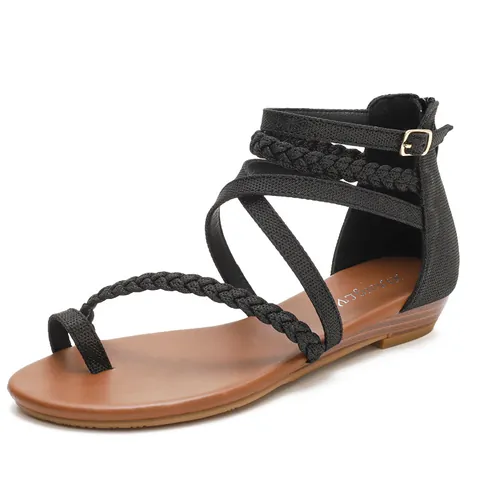 Women Roman Braided Sandals PU Leather Cross Straps Toe Loop Back Zipper Low Wedge Summer Daily Vacation Shoes