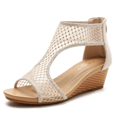Sandali con Zeppa in Mesh con Strass da Donna Traspiranti con Punta Aperta Cerniera Posteriore Sandali con Plateau alla Moda