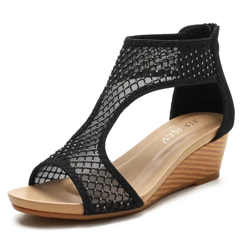 Sandali con Zeppa in Mesh con Strass da Donna Traspiranti con Punta Aperta Cerniera Posteriore Sandali con Plateau alla Moda