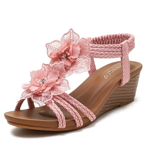 Women's Bohemian Wedge Sandals Floral Lace Roman Shoes Rhinestone Pearl Comfort Platform Summer Beach Casual Sandals