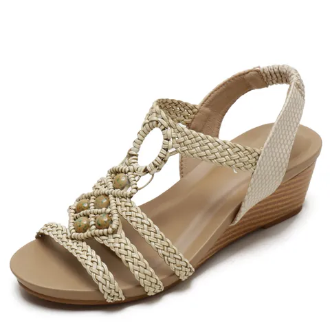Sandalias de Cuña Bohemias para Mujer Correas Trenzadas Zapatos Romanos con Cuentas Verano Vintage Zapatos de Playa Casuales Tacón Grano de Madera
