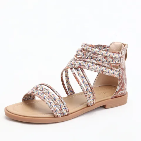 Sandalias Gladiador Bohemias para Mujer Tejidas Trenzadas Planas Zapatos de Playa Romanos Con Cremallera Trasera Estampado Paisley Étnico Sandalias Casuales de Verano