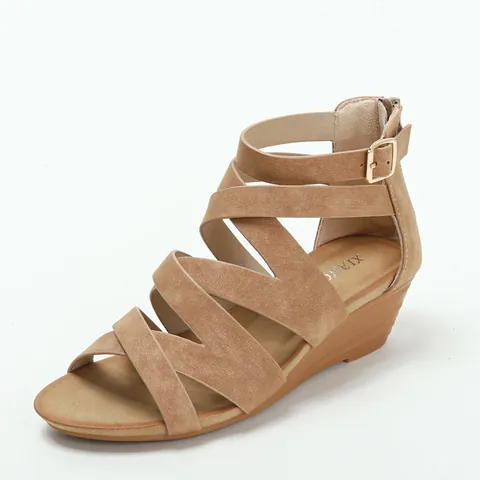 Sandalias de Cuña Romana para Mujer Cuero de Microfibra Correas Cruzadas Cremallera Trasera 5cm Tacón Alto Gladiador Verano