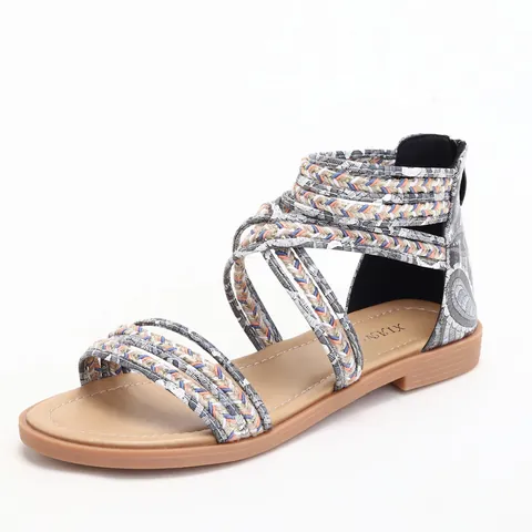 Sandalias Gladiador Bohemias para Mujer Tejidas Trenzadas Planas Zapatos de Playa Romanos Con Cremallera Trasera Estampado Paisley Étnico Sandalias Casuales de Verano