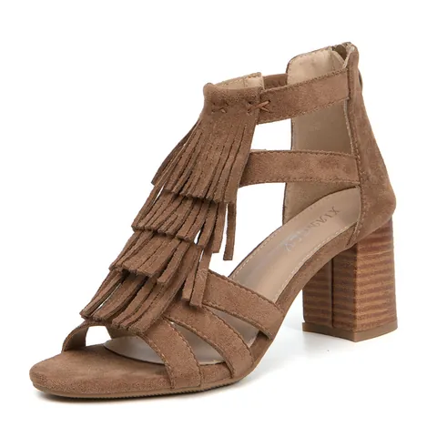 Sandalias de Tacón de Bloque Bohemias para Mujer con Borlas de Gamuza Sintética Punta Abierta y Cremallera Trasera Estilo Romano