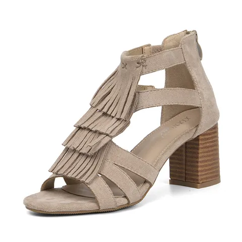 Sandalias de Tacón de Bloque Bohemias para Mujer con Borlas de Gamuza Sintética Punta Abierta y Cremallera Trasera Estilo Romano